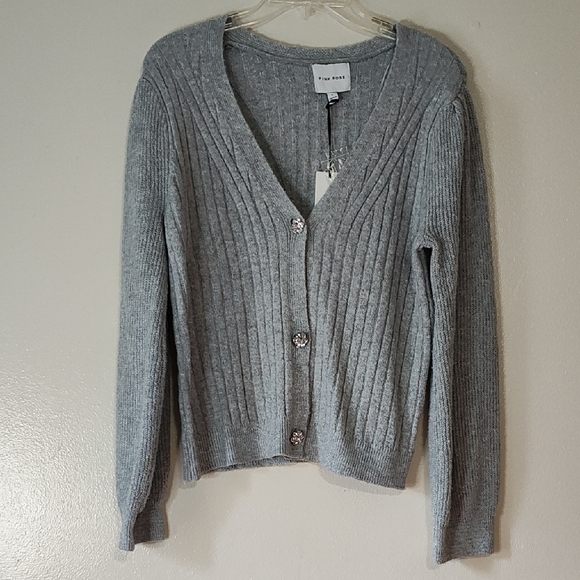 Pink Rose Grey Women's Sweater with Sequin button Up New Size L - Picture 1 of 6